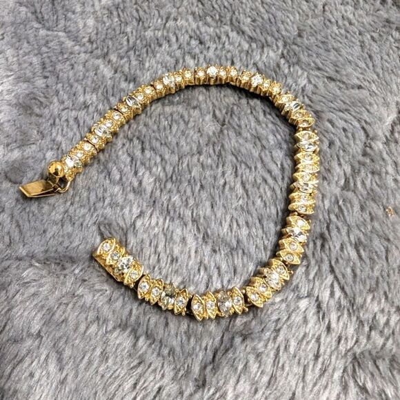 Vintage 1990's Goldtone Marquee & Round Cut Cubic Zirconia Bracelet - Picture 1 of 15